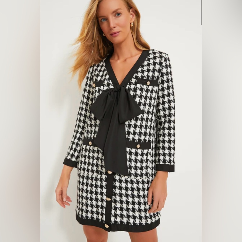 Tuckernuck Black and White Houndstooth Long Sleeve Dress with Bow